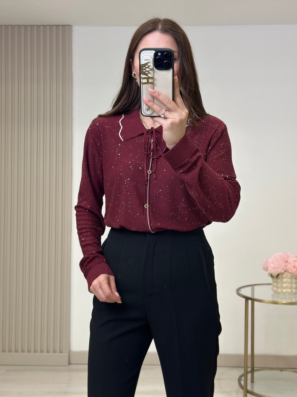 İtalyan İplik Premium Kalite Pul Detaylı Aksesuarlı Triko Bordo