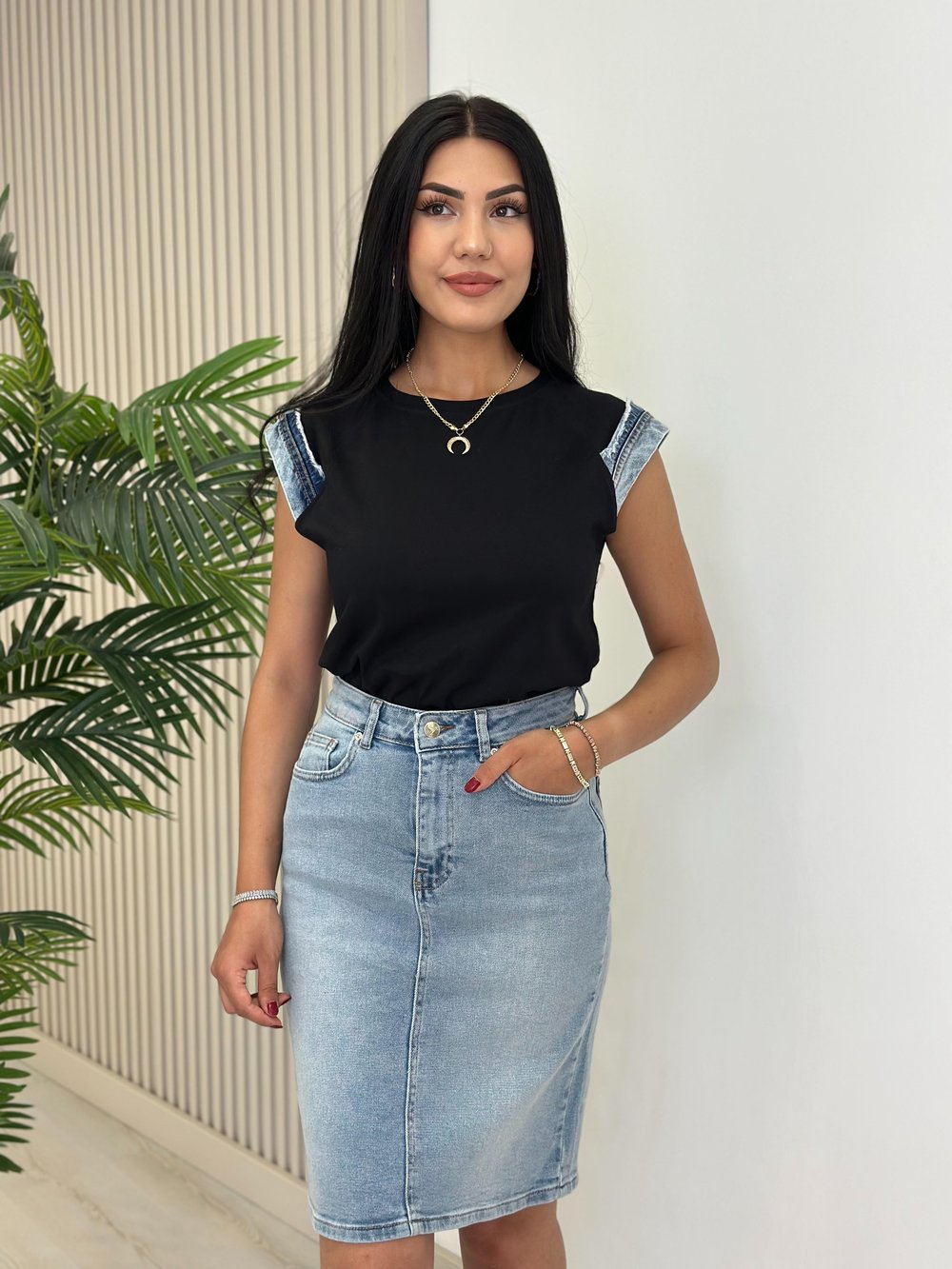 Jean Detaylı Tshirt Siyah