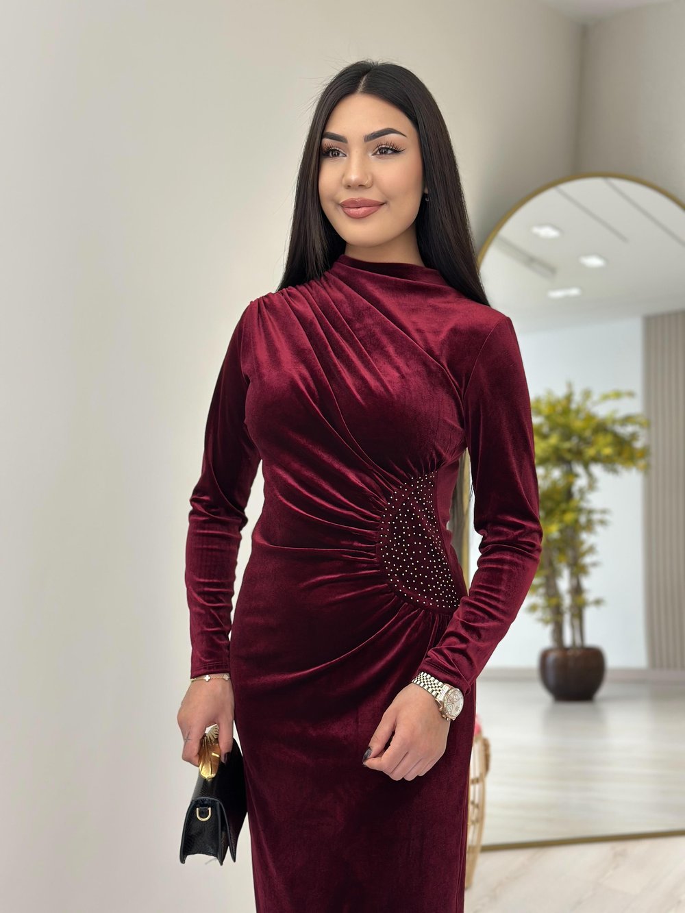 Kadife Beli Drapeli Taşlı Elbise Bordo