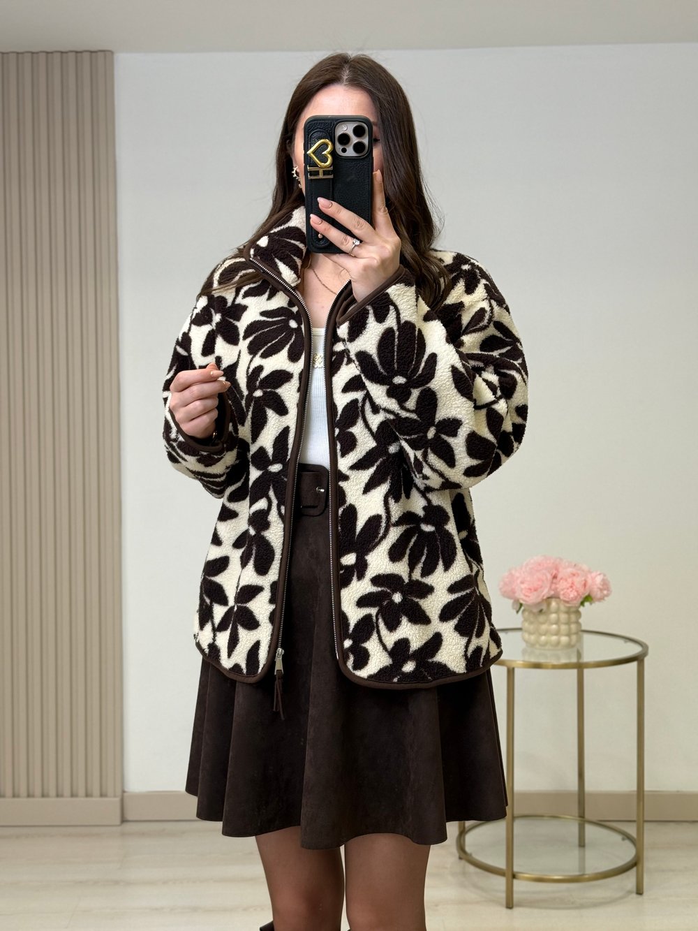 Kahve Çiçek Desenli Polar Sweatshirt