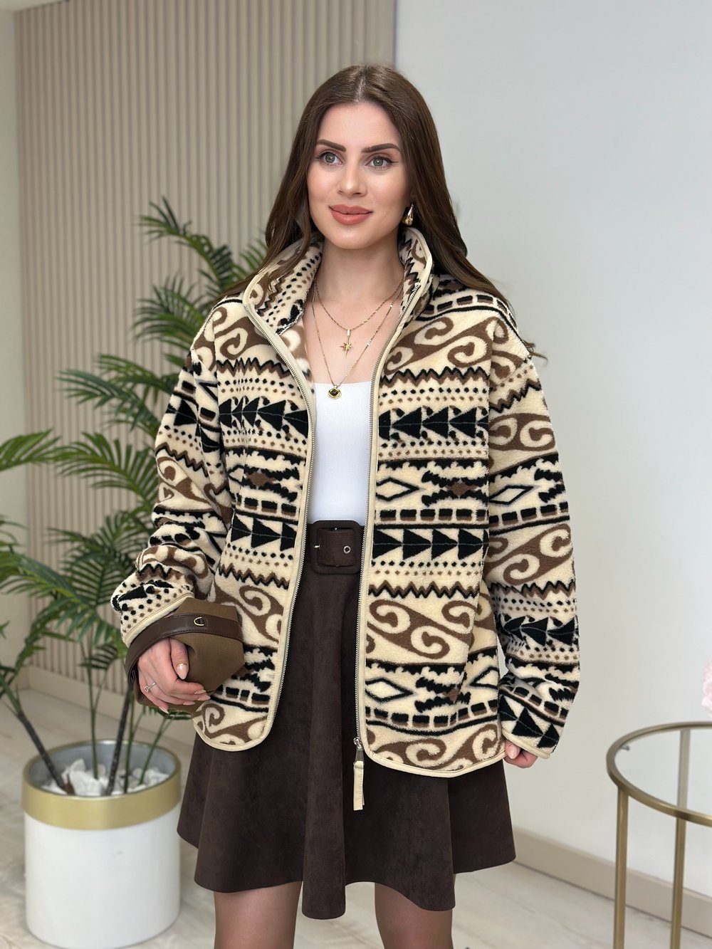 Kahve Desenli Polar Sweatshirt