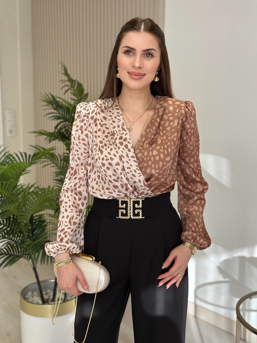 Kahve Leopar Desenli İpek Krep Bodysuit