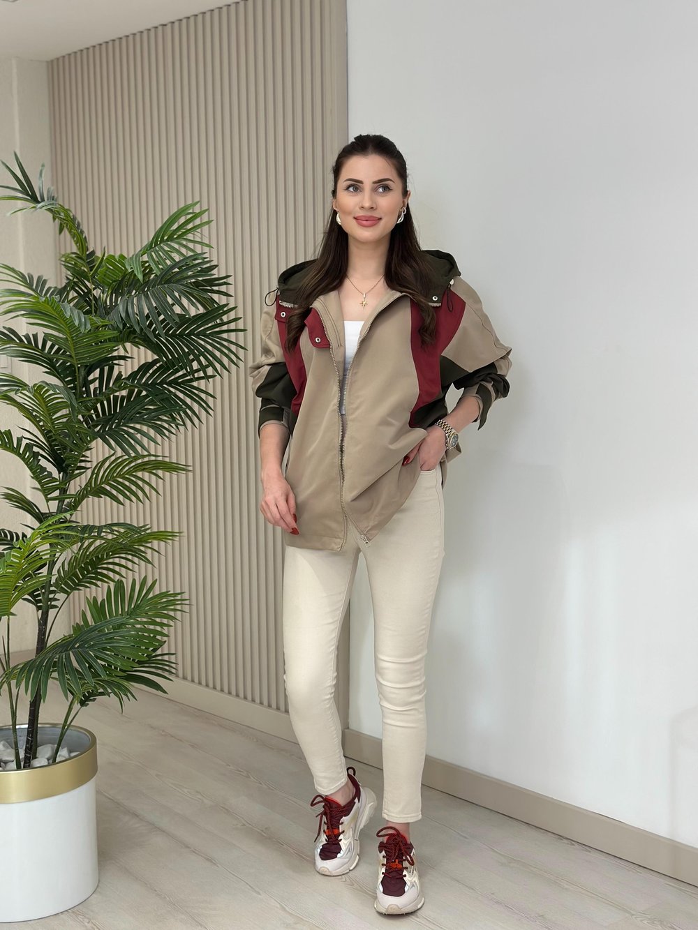 Kapşonlu Haki Bordo Geçişli Yağmurluk 