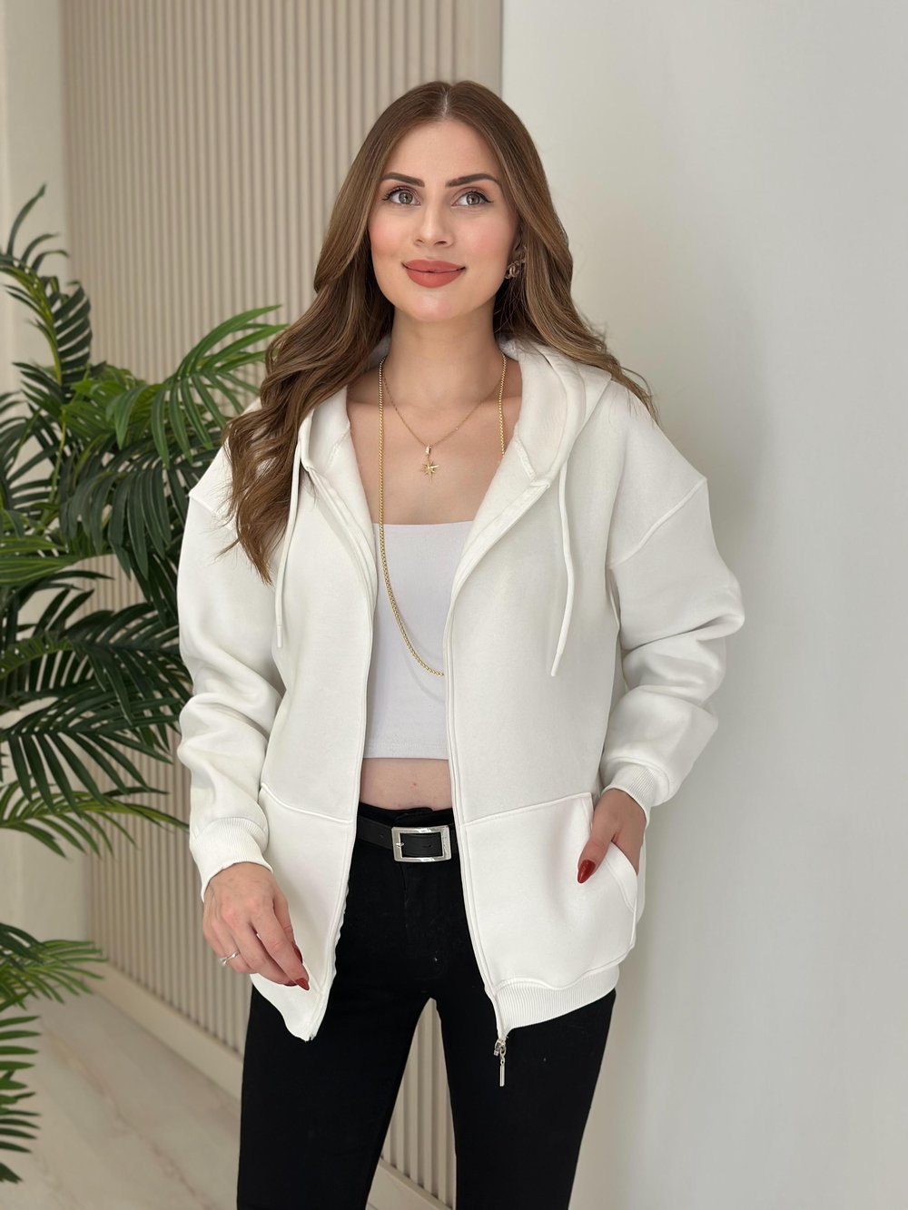 Kapşonlu İçi Şardonlu Basıc Sweat Beyaz