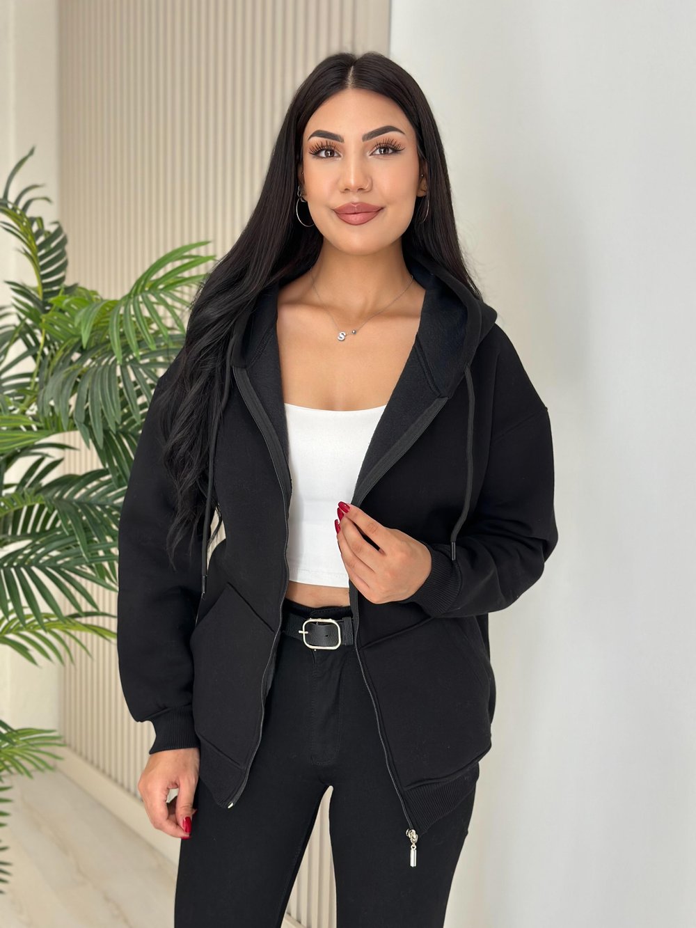 Kapşonlu İçi Şardonlu Basıc Sweat Siyah