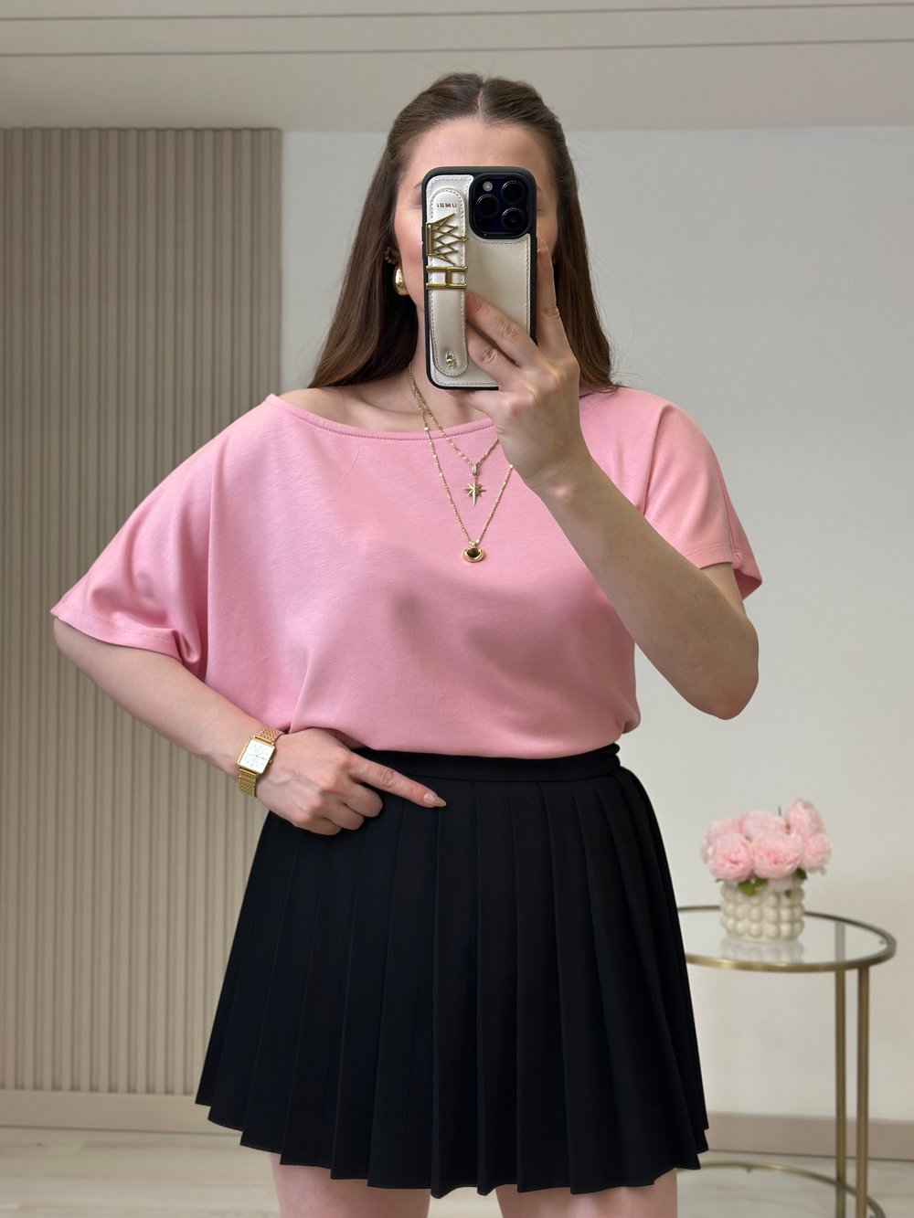 Kayık Yaka Modal Kumaş Tshirt Pembe