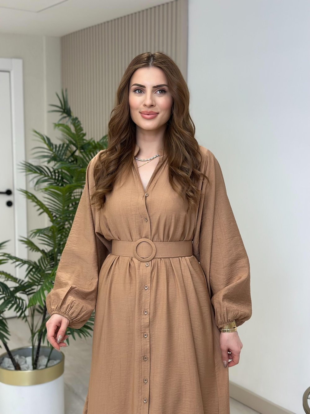 Kemerli Balon Kol Gömlek Elbise Camel
