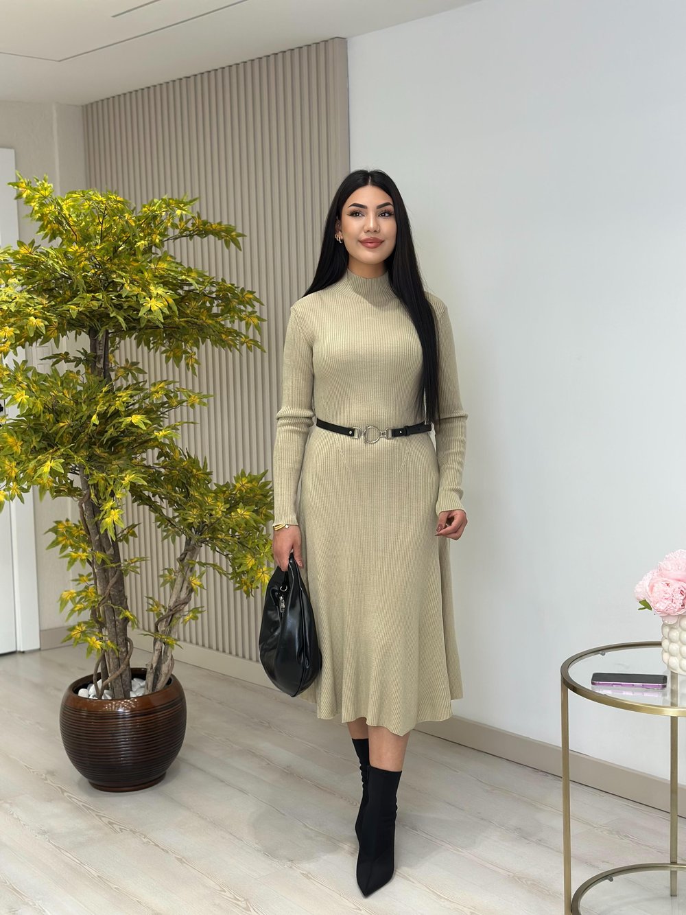 Kemerli Kloş Dik Yaka Triko Elbise Su Yeşili