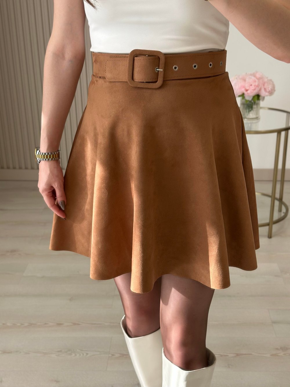Kemerli Süet Etek Taba