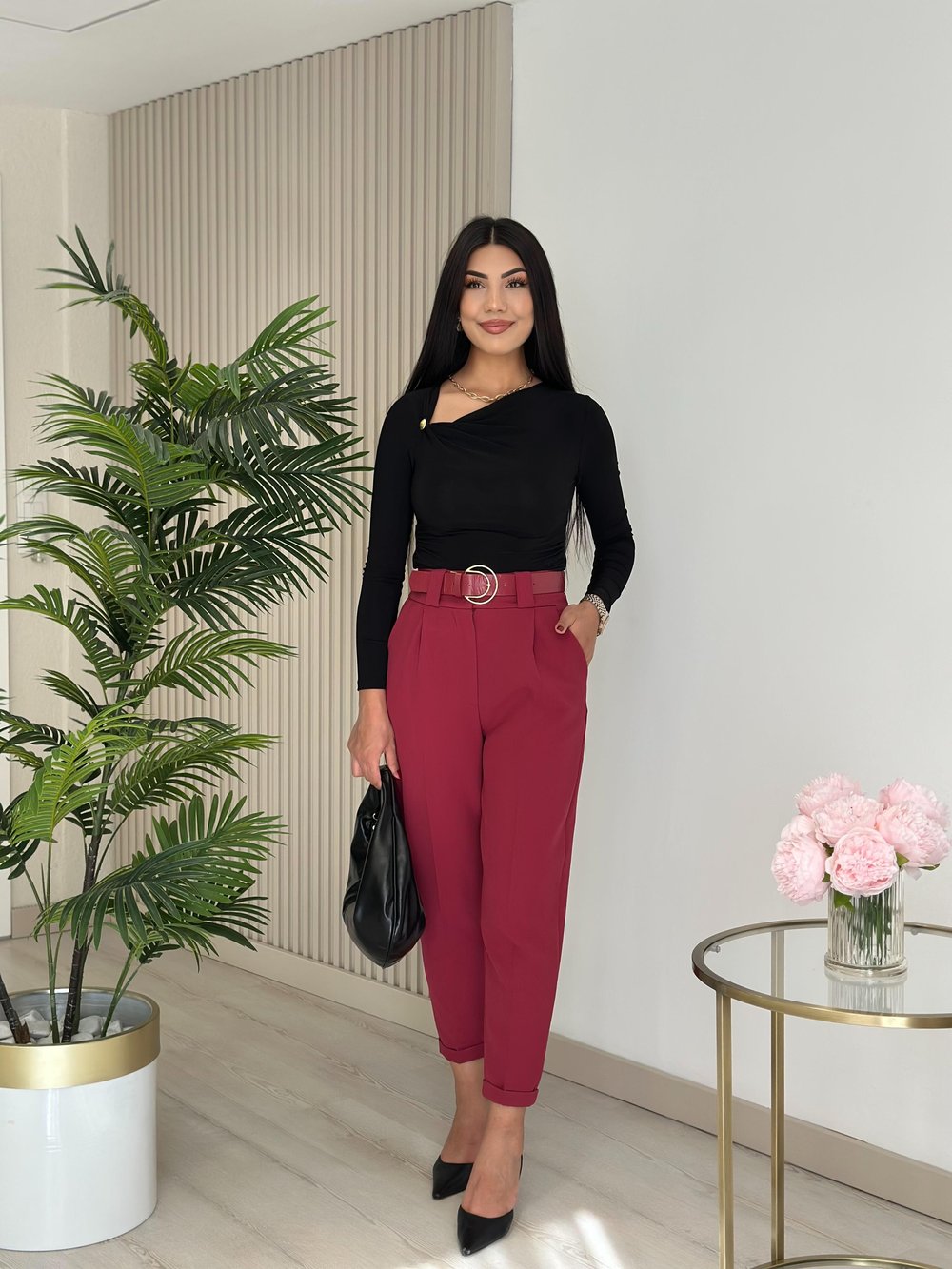 Kemerli Yüksek Bel Atlas Kumaş Pantolon Bordo