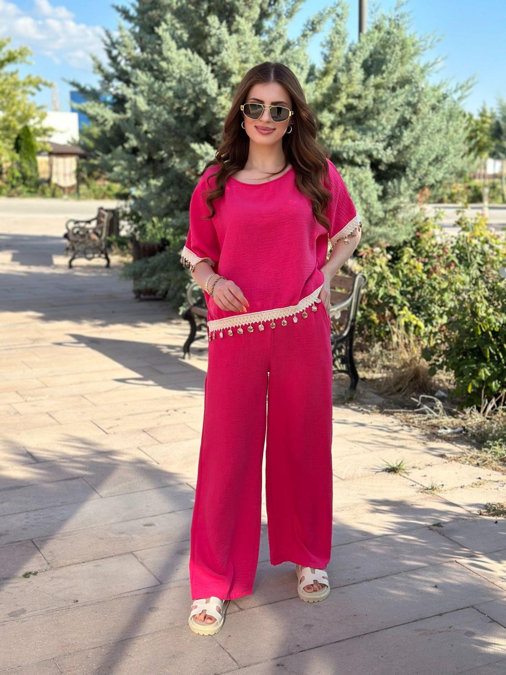 Keten Deniz Kabuğu Detaylı Takım Fuşya