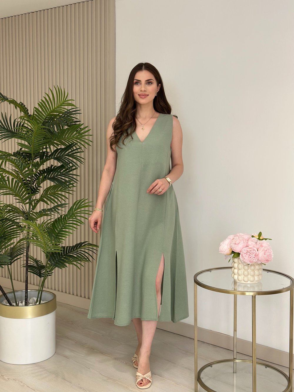 Keten Yırtmaç Detaylı Elbise Mint