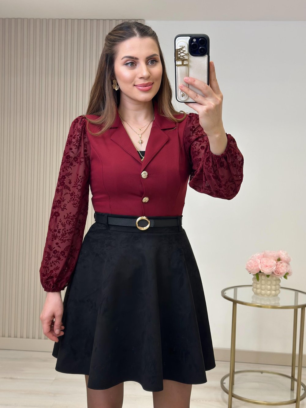 Kolları Flok Baskılı Gold Düğmeli Bluz Bordo