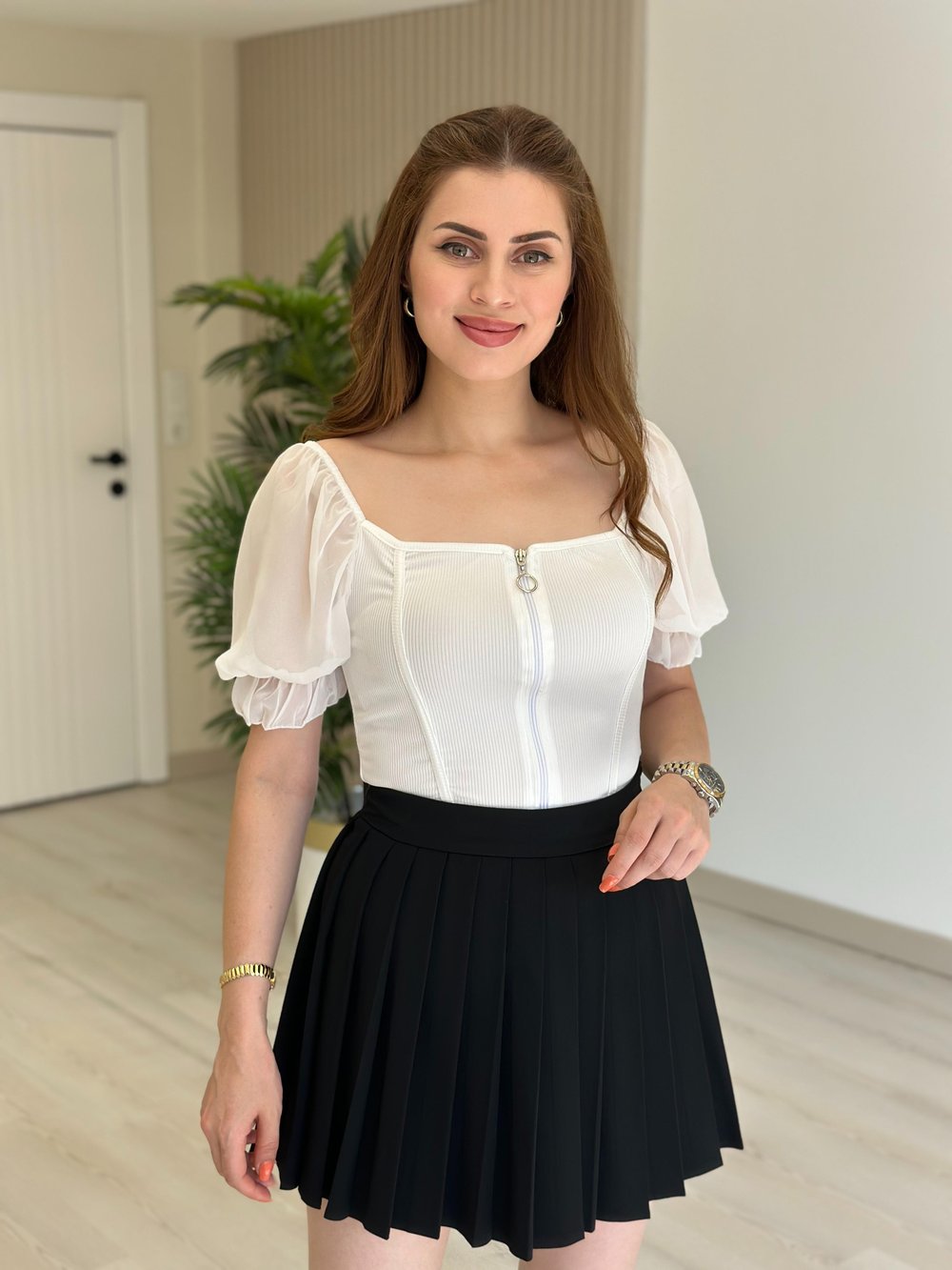 Kolları Şifon Fermuarlı Crop Beyaz