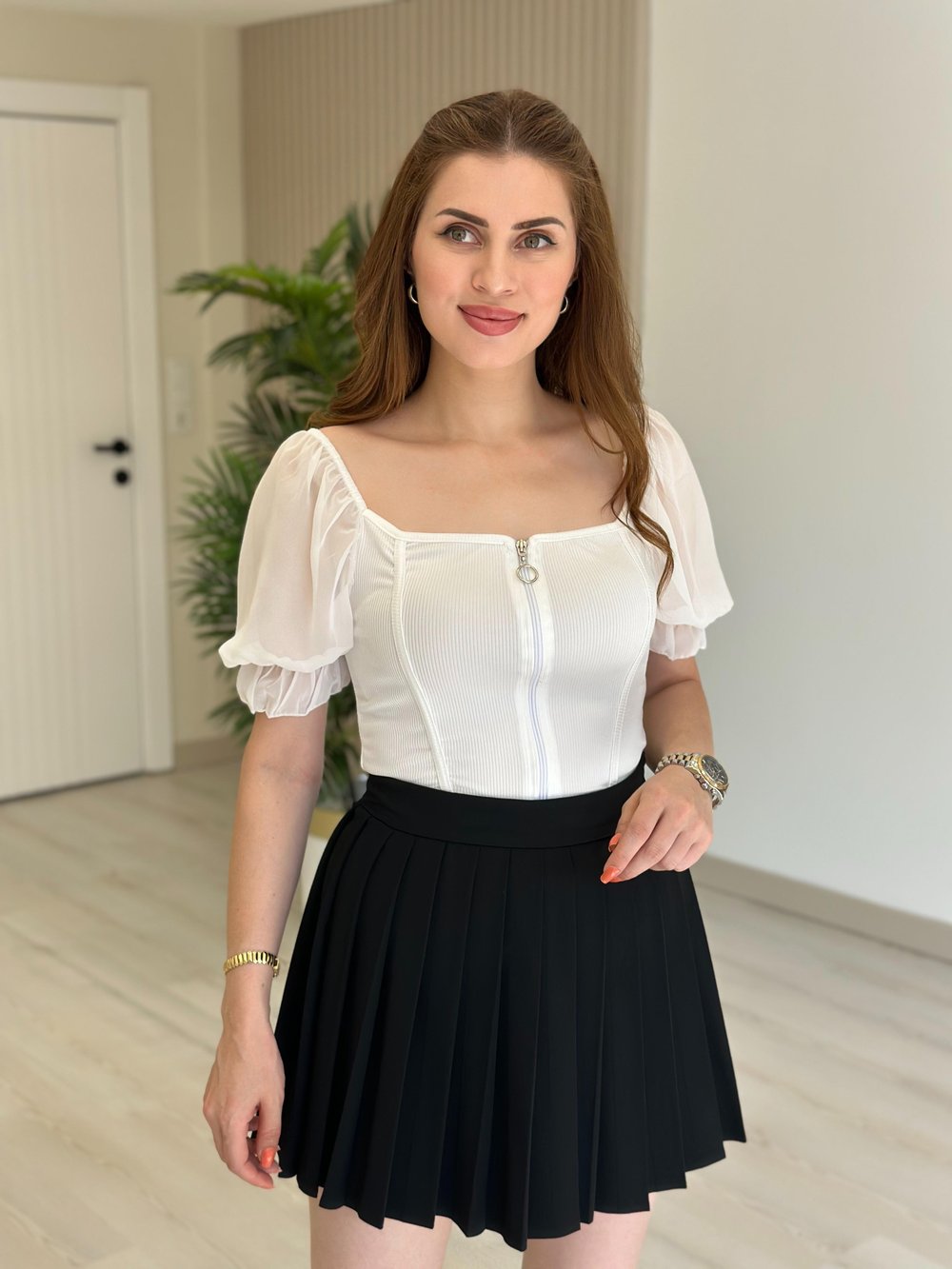 Kolları Şifon Fermuarlı Crop Beyaz