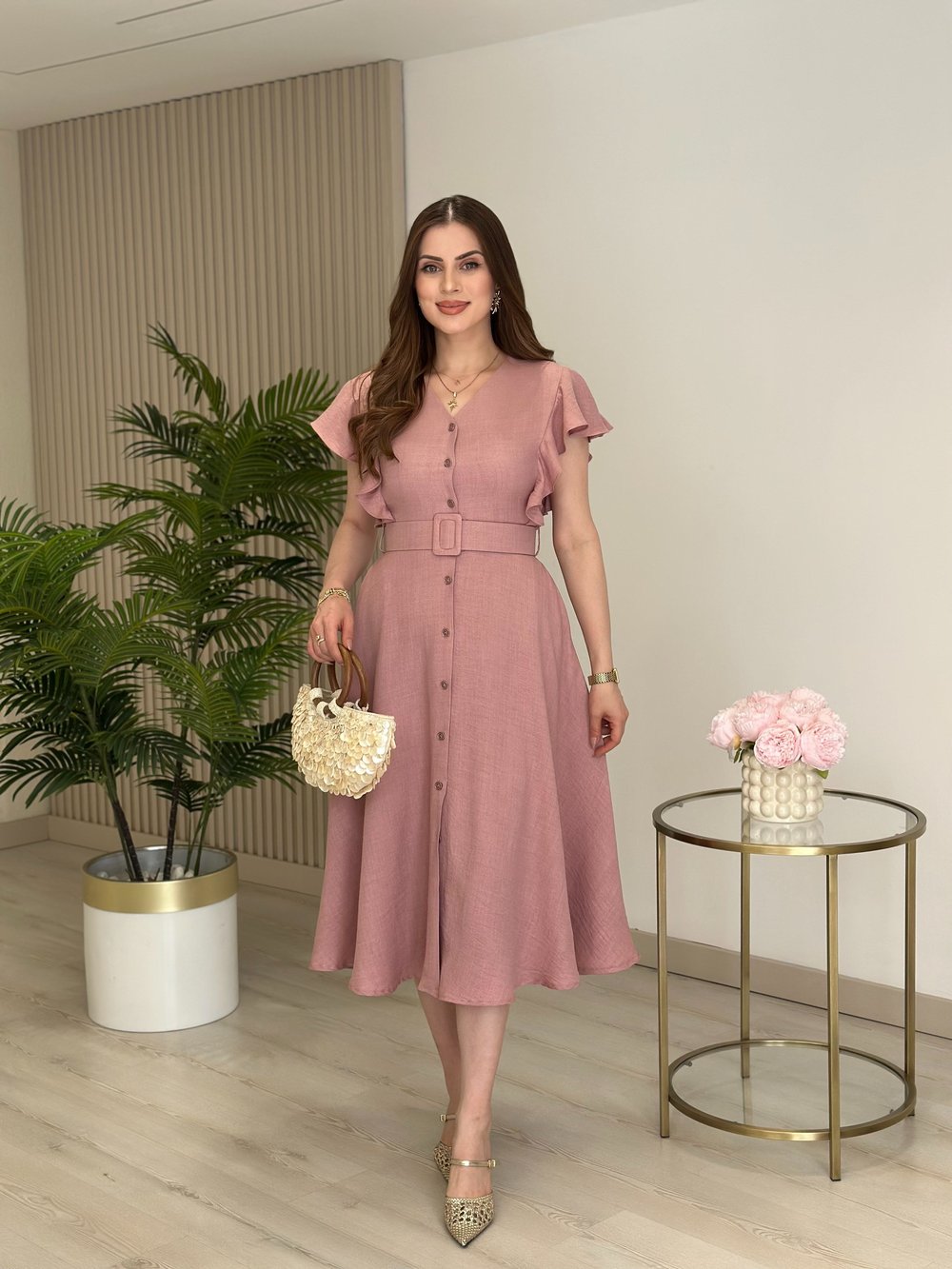 Kolları Volanlı Kemerli Elbise Gül Kurusu