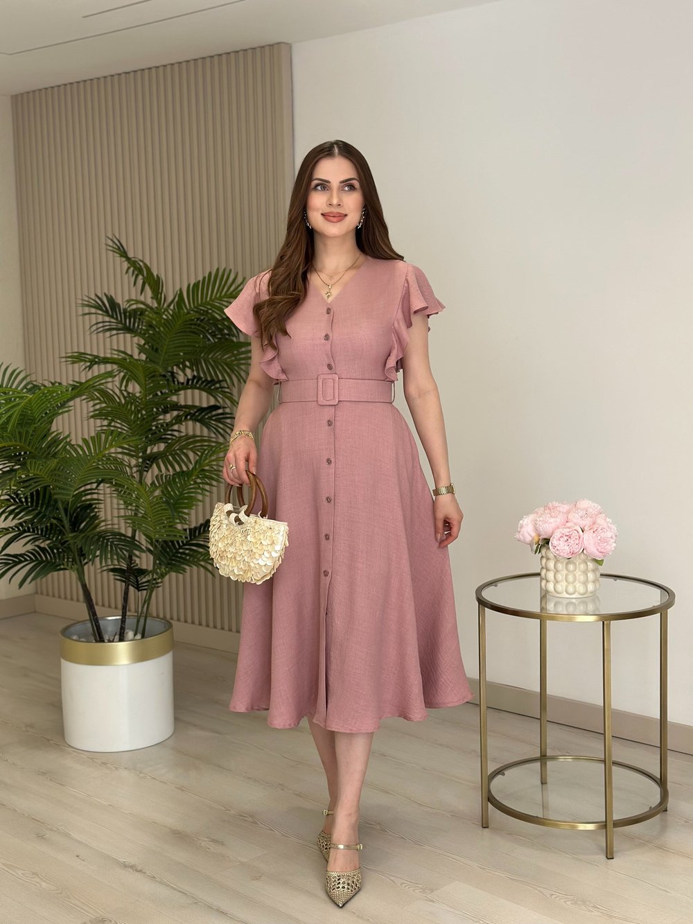 Kolları Volanlı Kemerli Elbise Gül Kurusu