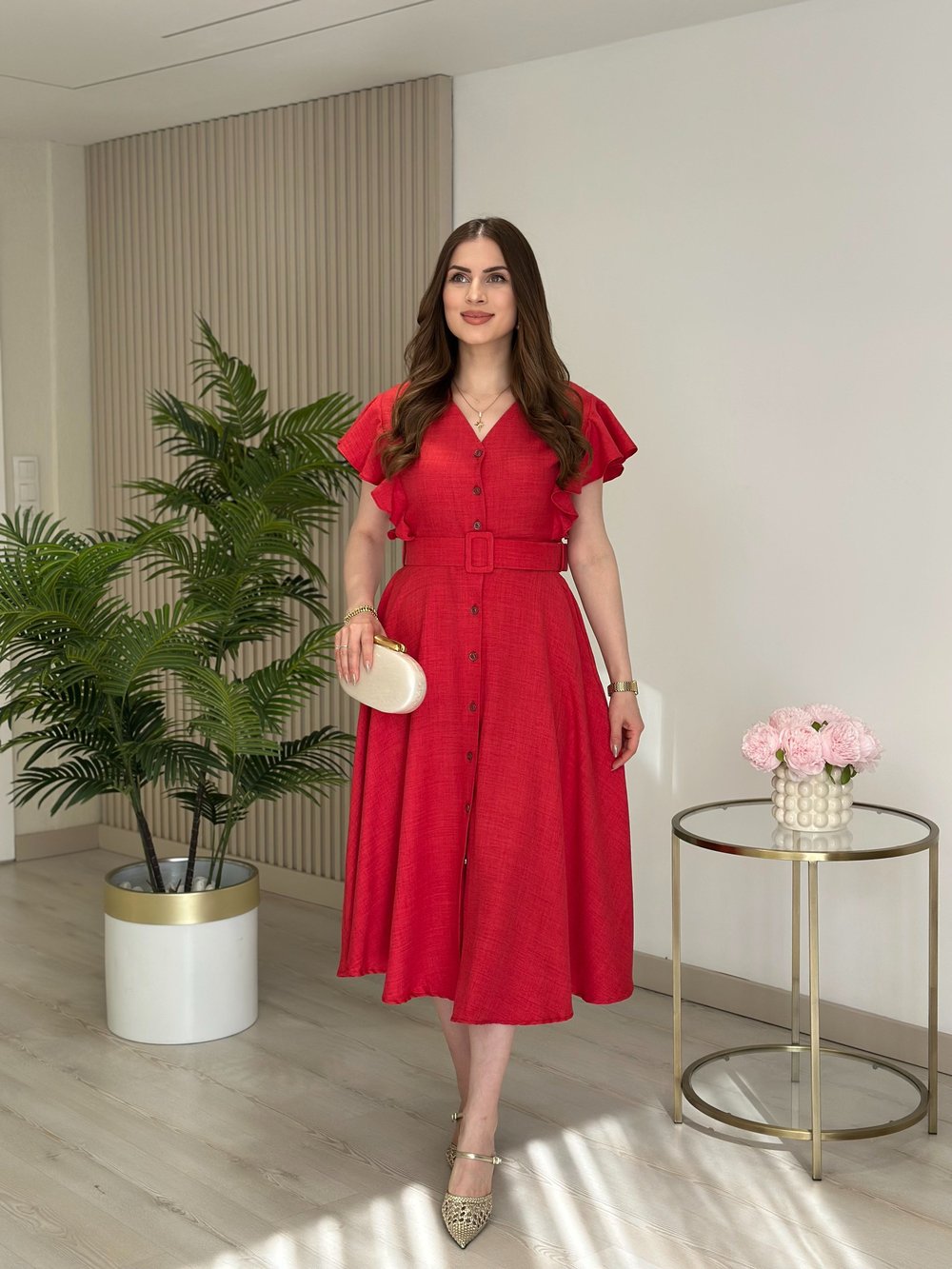 Kolları Volanlı Kemerli Elbise Kırmızı