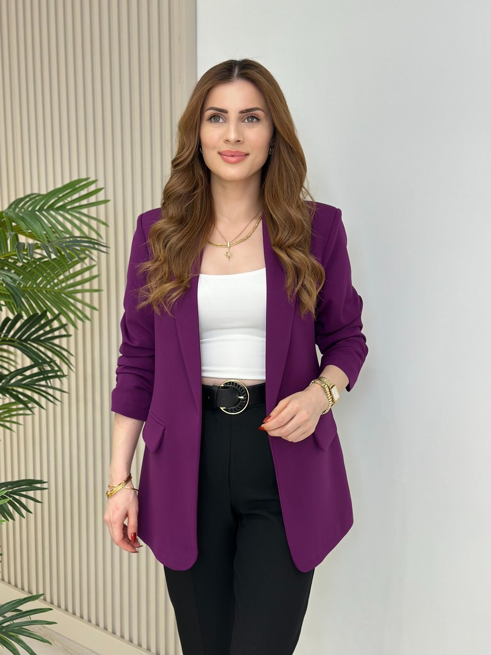 Kolu Büzgü Detaylı Blazer Mor
