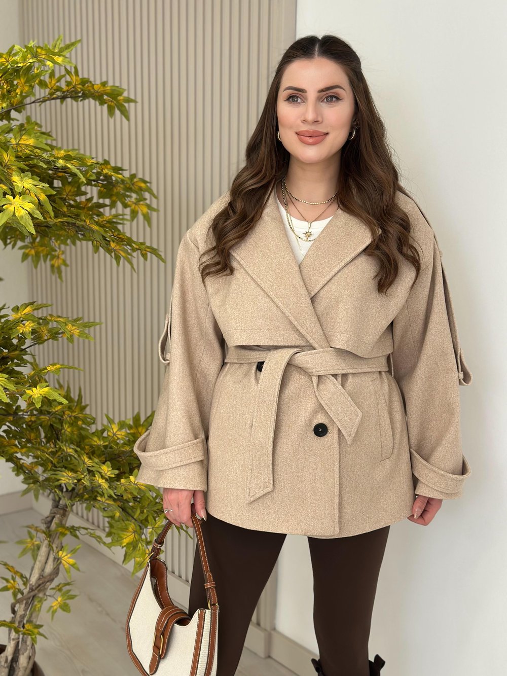 Kuşaklı Premium Seri Kaşe Kaban Bej