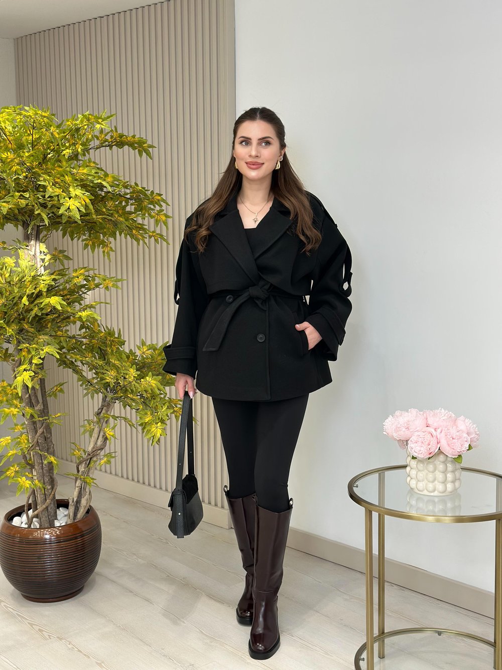 Kuşaklı Premium Seri Kaşe Kaban Siyah