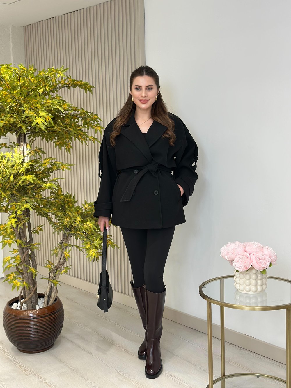 Kuşaklı Premium Seri Kaşe Kaban Siyah
