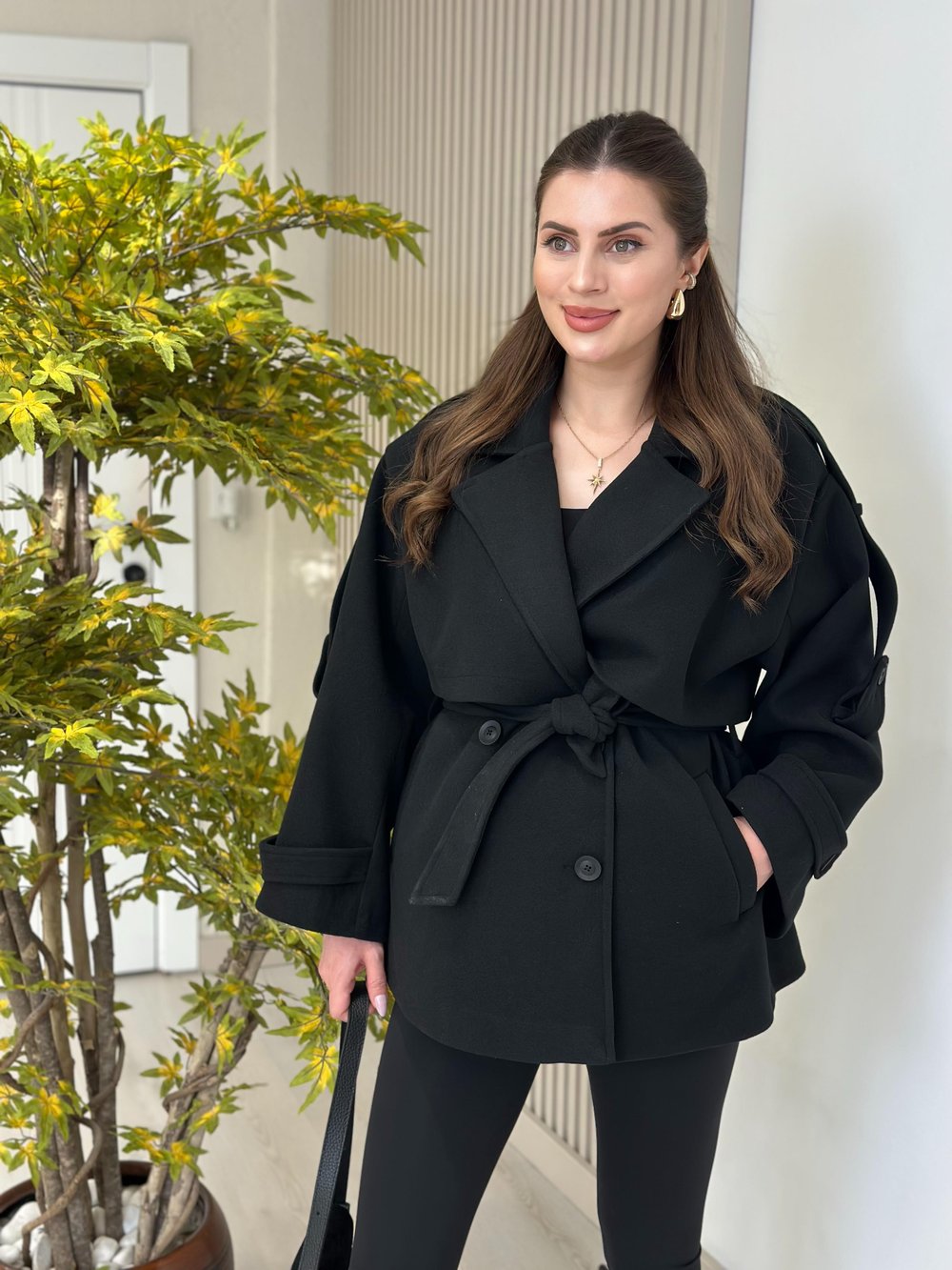 Kuşaklı Premium Seri Kaşe Kaban Siyah