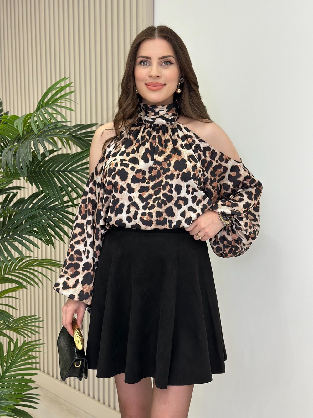 Leopar Desenli Omuz Dekolteli Beli Lastikli Bluz 