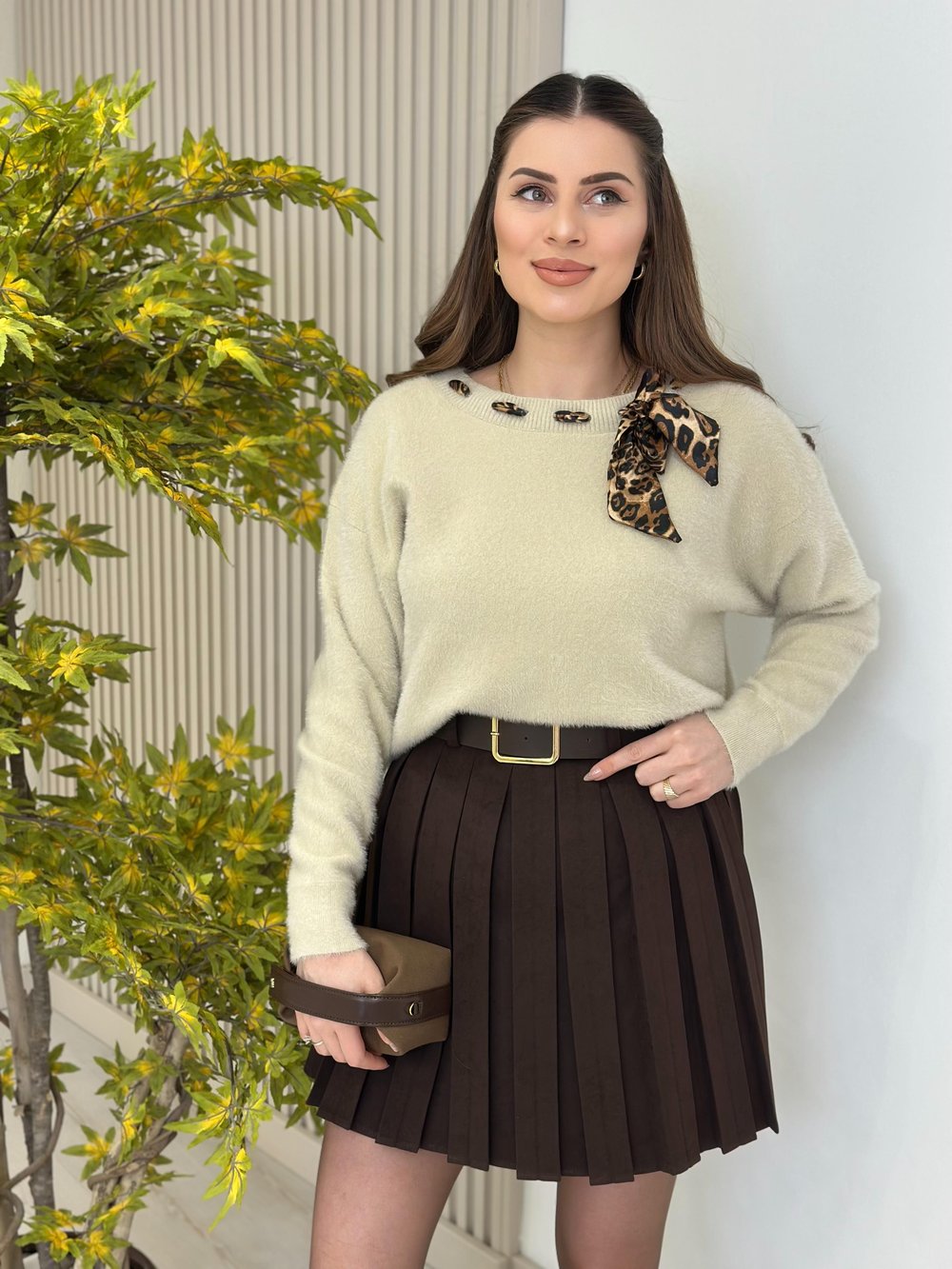 Leopar Fularlı Angora Kazak Bej