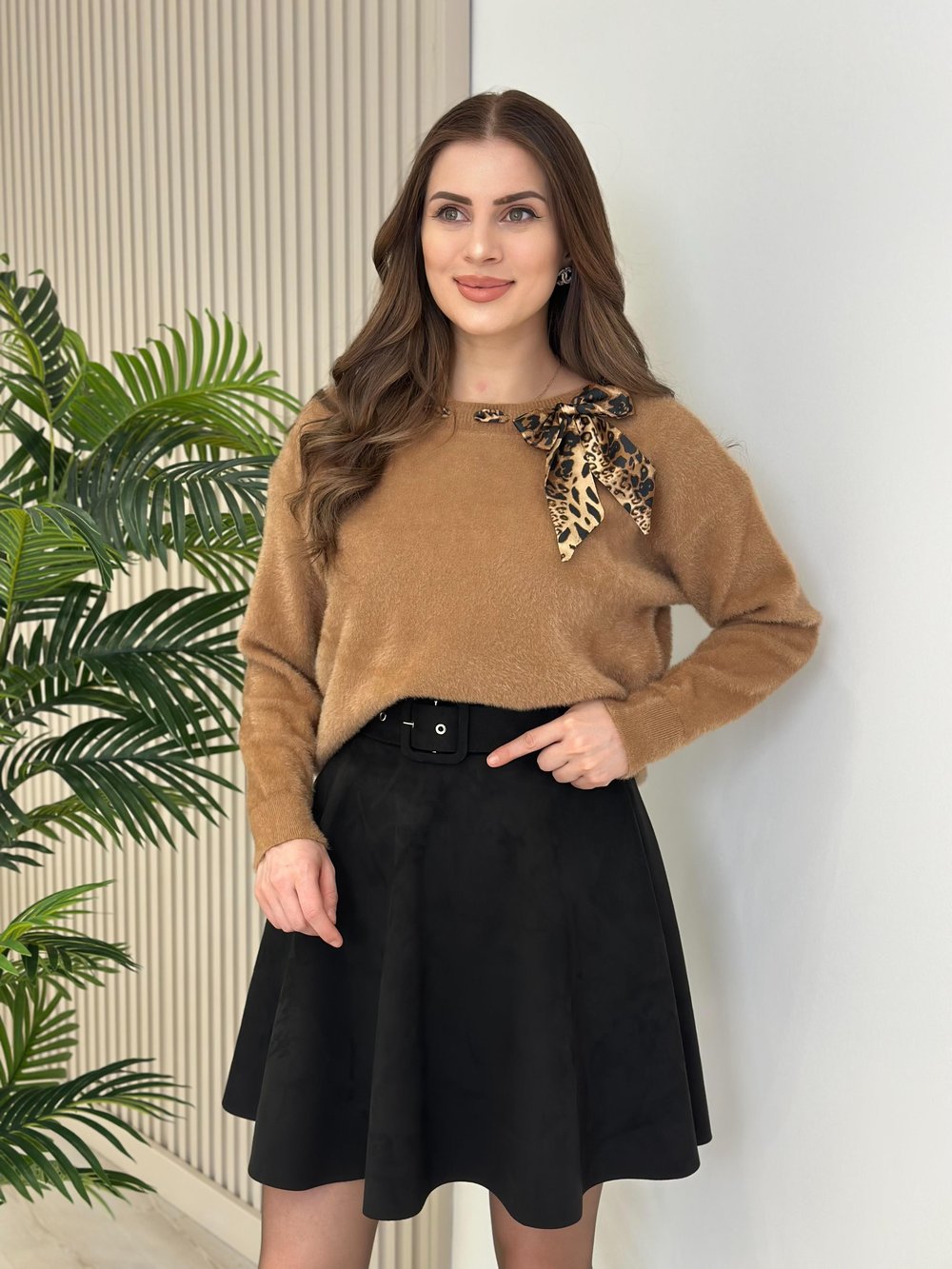 Leopar Fularlı Angora Kazak Camel