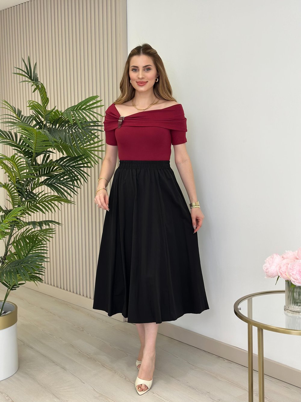 Madonna Yaka Modal Kumaş Tshirt Bordo
