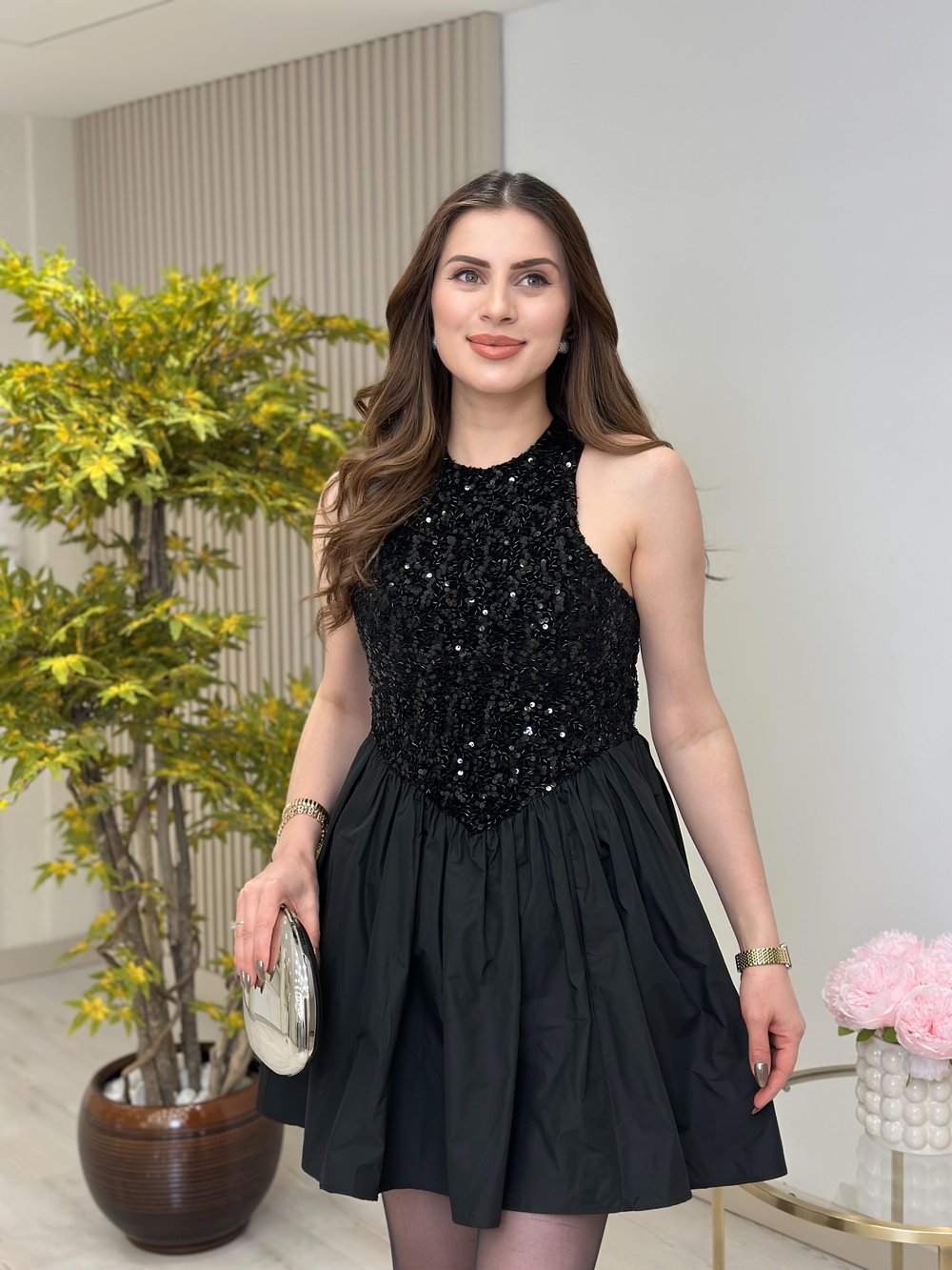 Mini Üzeri Payetli Halter Yaka Elbise Siyah