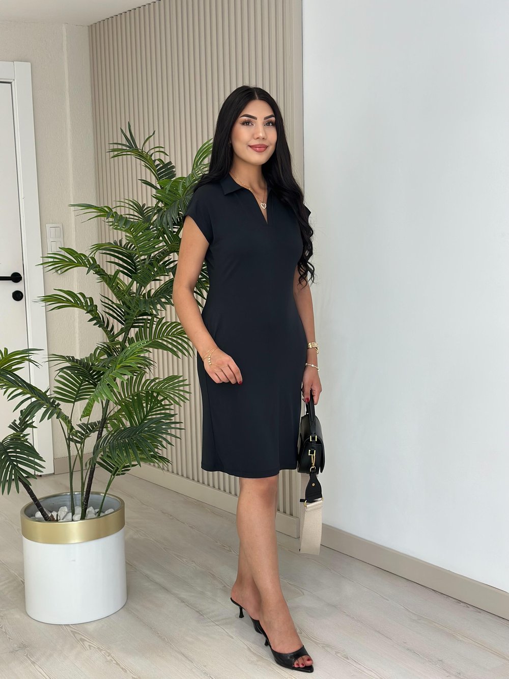 Modal Kumaş Gömlek Yaka Cepli Elbise Siyah