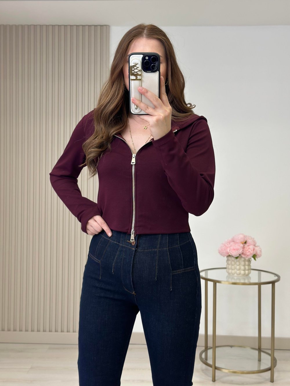 Modal Kumaş Kapşonlu Fermuarlı Bluz Bordo