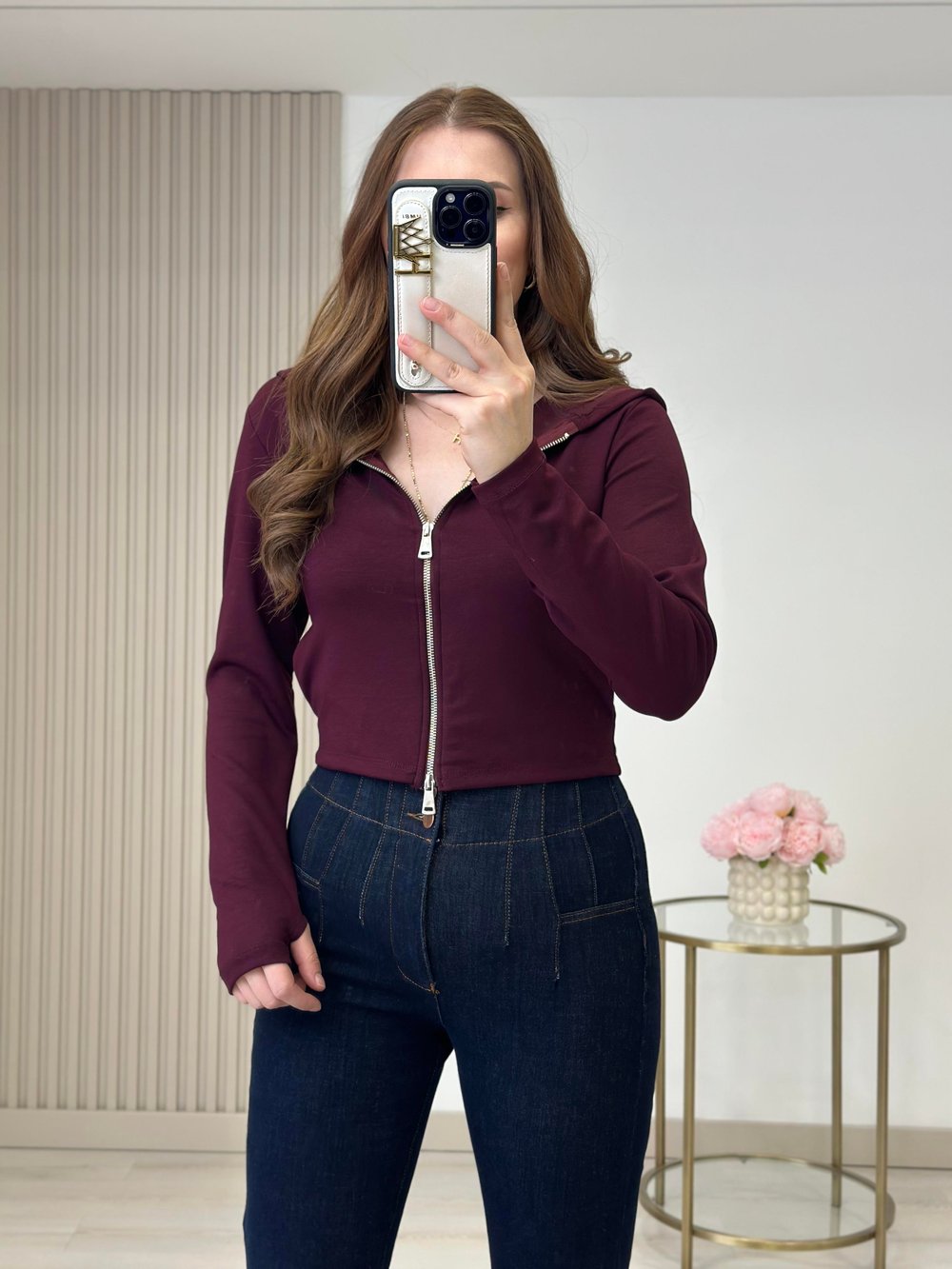 Modal Kumaş Kapşonlu Fermuarlı Bluz Bordo