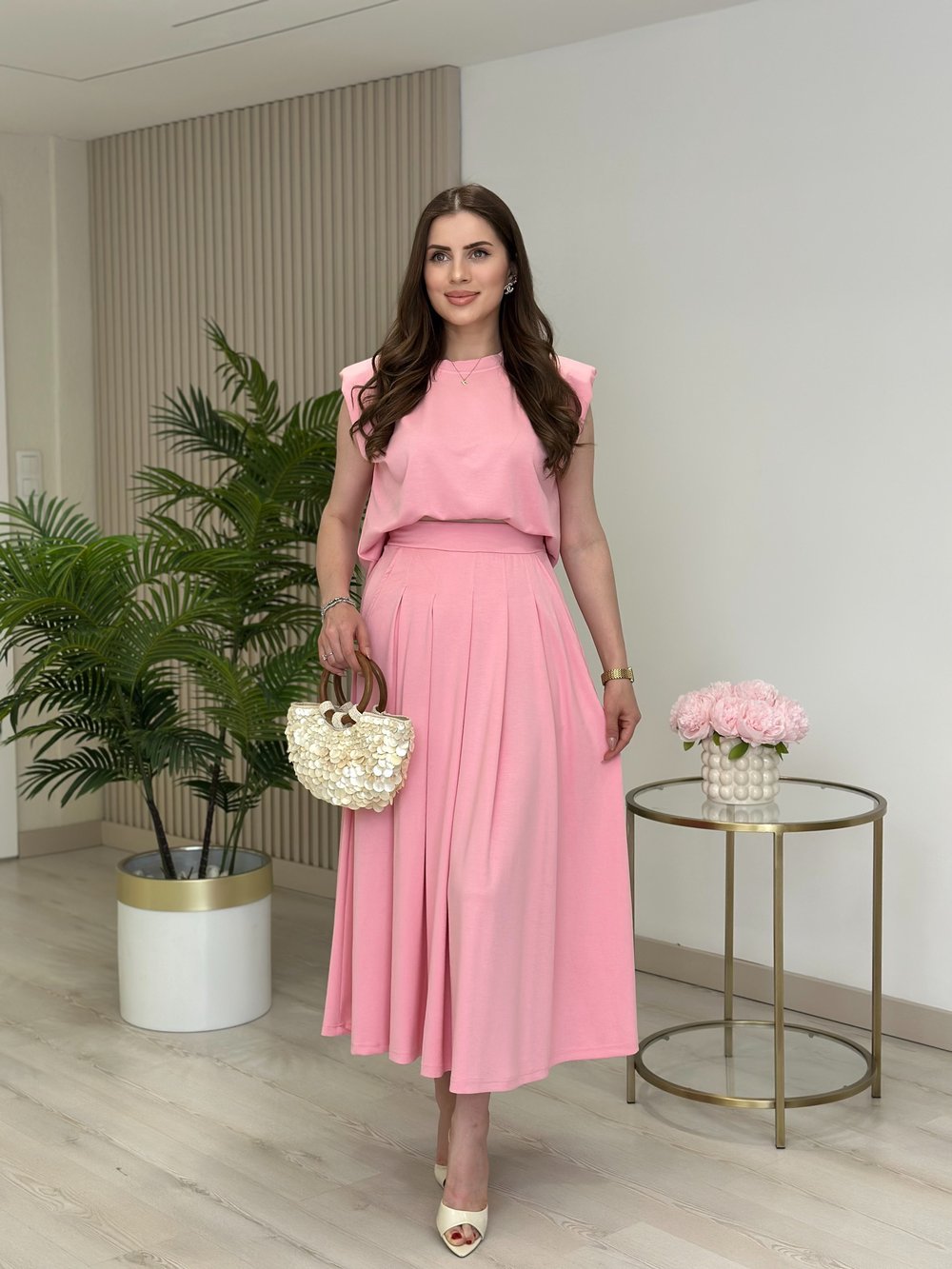 Modal Kumaş Vatkalı Tshirt Pileli Etek Takım Pembe