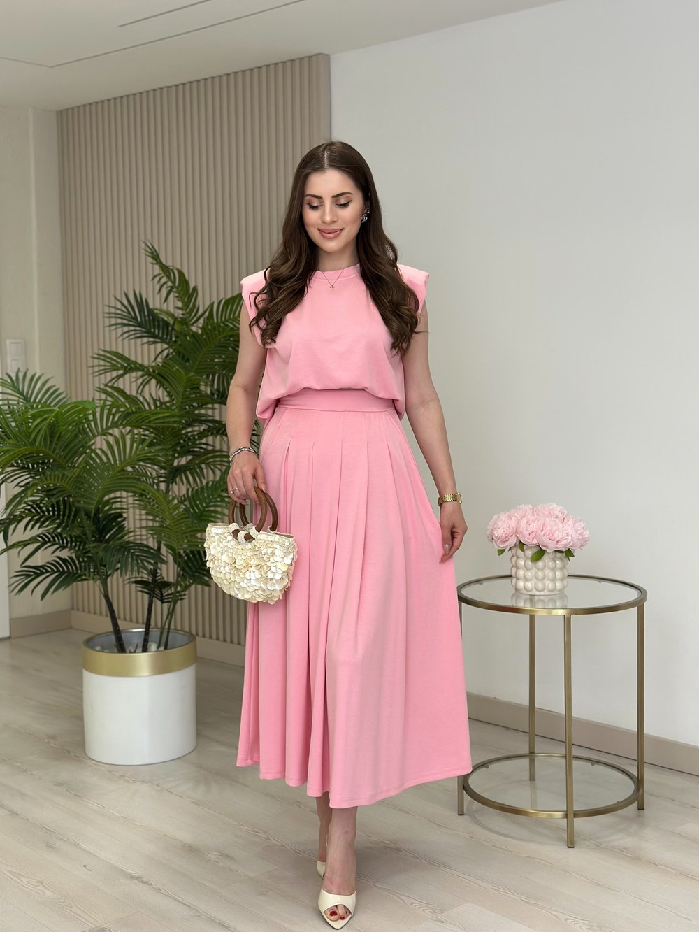 Modal Kumaş Vatkalı Tshirt Pileli Etek Takım Pembe