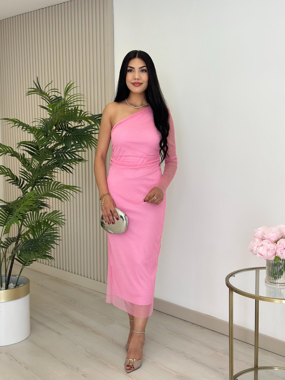 Omuz Dekolteli Taşlı Tül Elbise Pembe