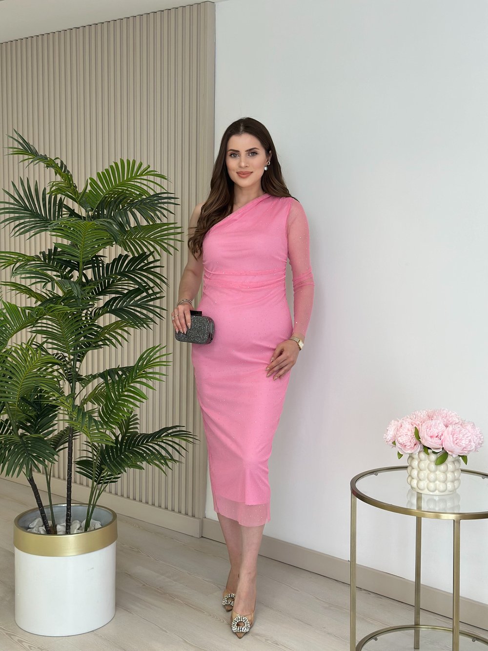Omuz Dekolteli Taşlı Tül Elbise Pembe