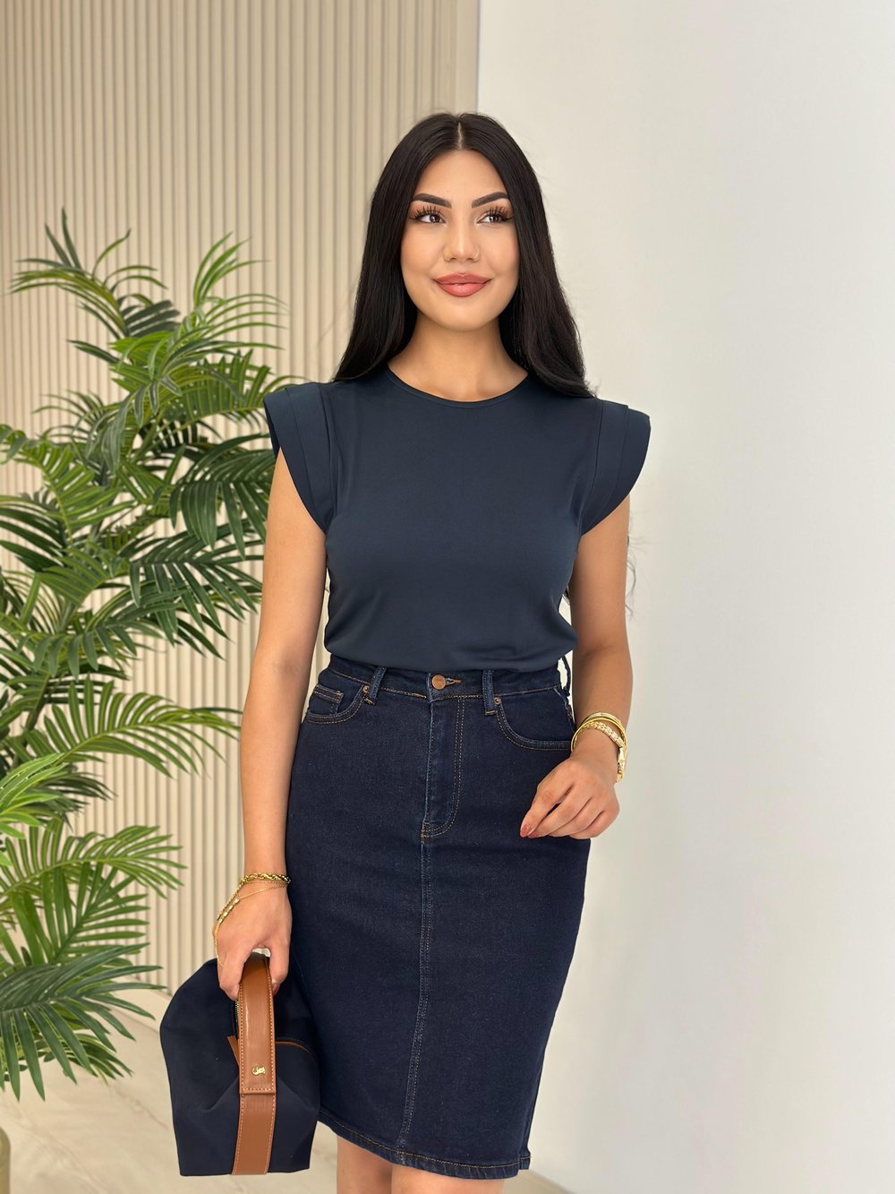 Omuzları Vatkalı Modal Kumaş Tshirt Lacivert