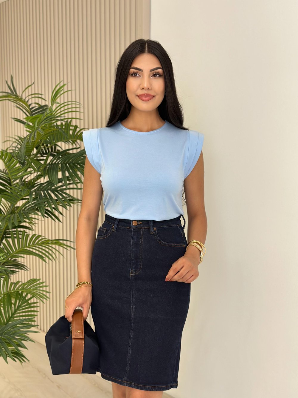 Omuzları Vatkalı Modal Kumaş Tshirt Mavi