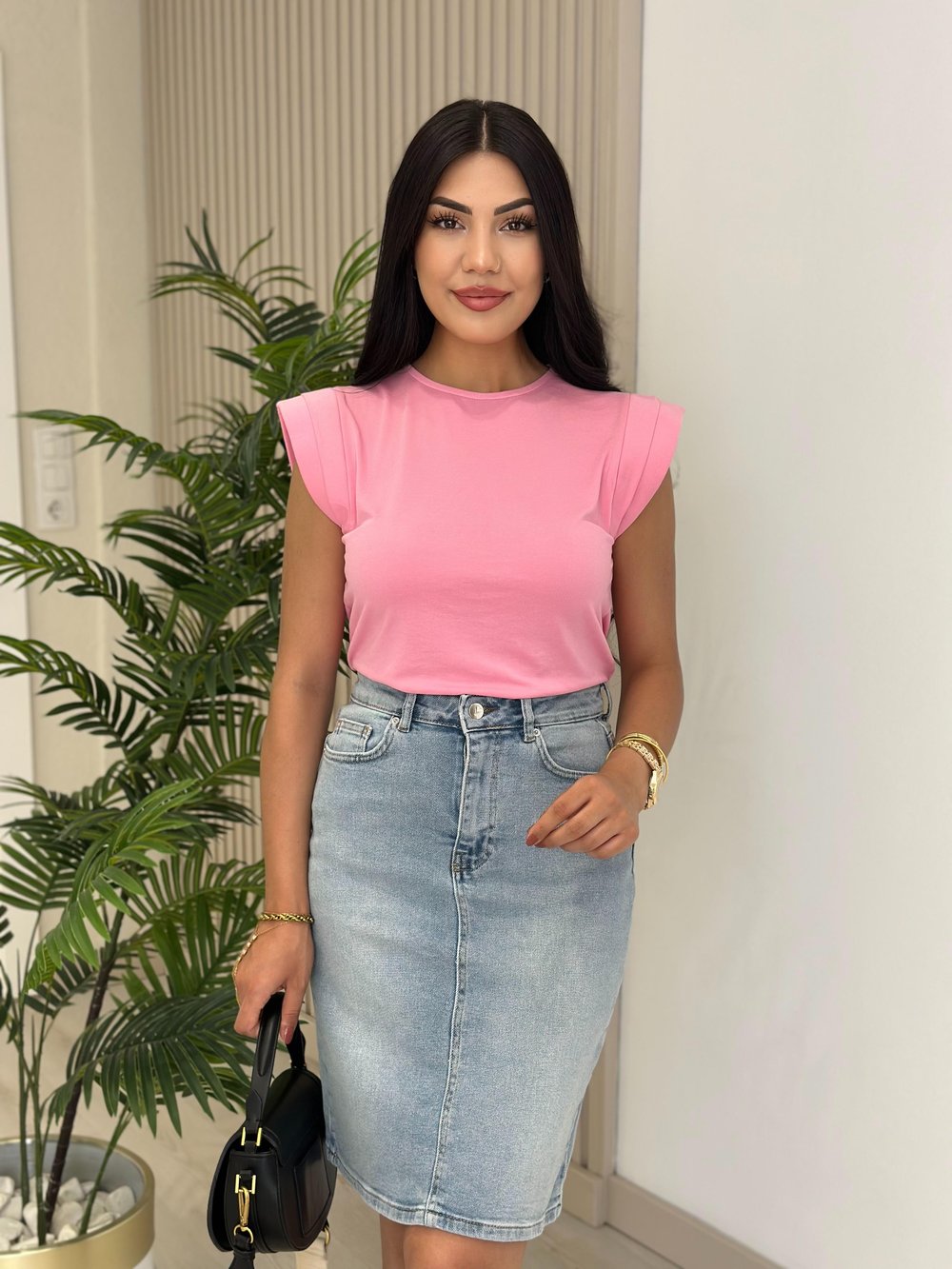 Omuzları Vatkalı Modal Kumaş Tshirt Pembe