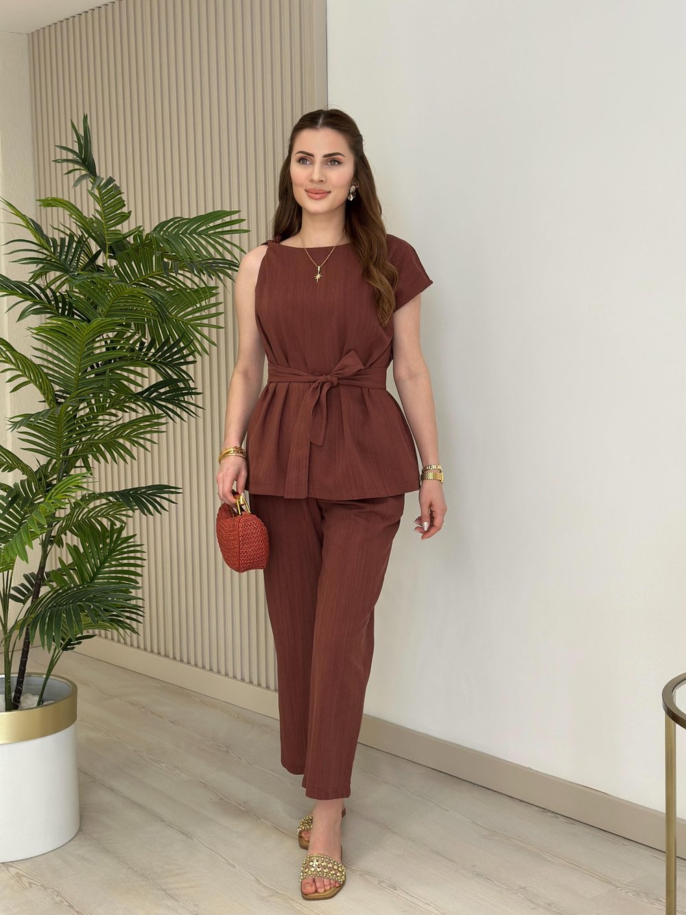 Omuzu Burmalı Bluz Pantolon Keten Takım Kiremit