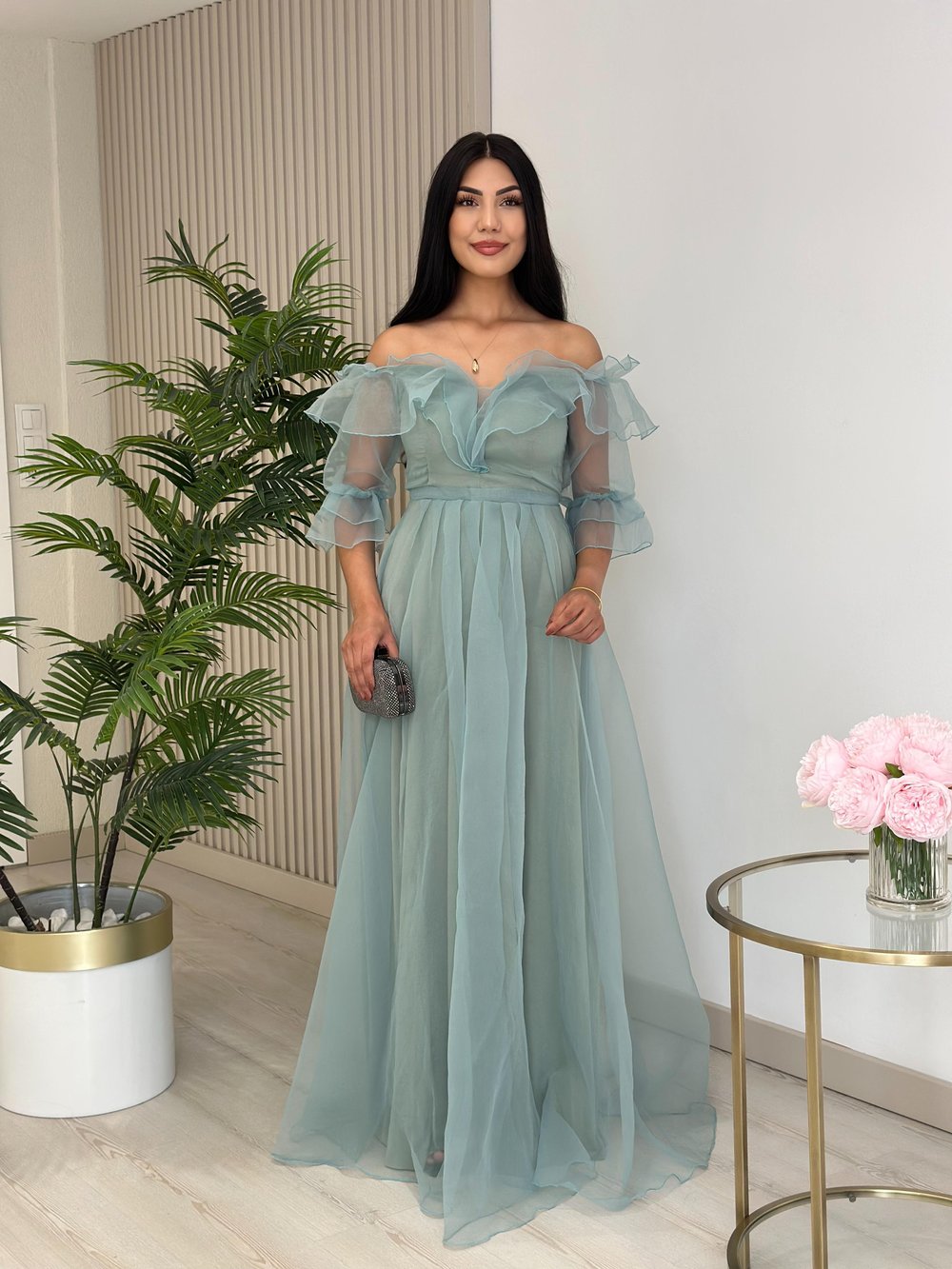 Organze Tül Madonna Yaka Abiye Mint