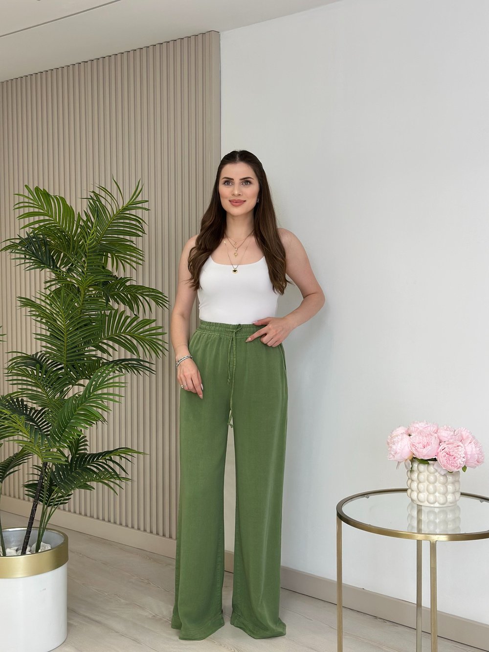 Pamuk Tensel Yüksek Bel Lastikli Palazzo Pantolon Yeşil