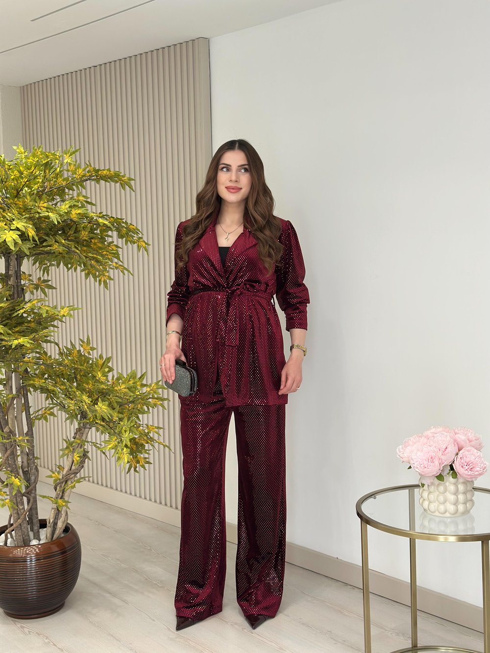 Payetli Kadife Ceket Pantolon Takım Bordo