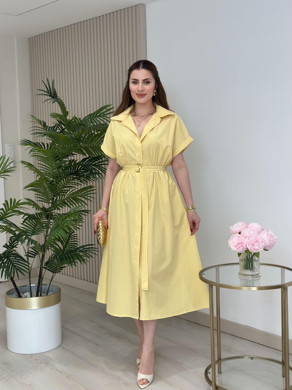Poplin Kumaş Beli Lastikli Gömlek Elbise Sarı