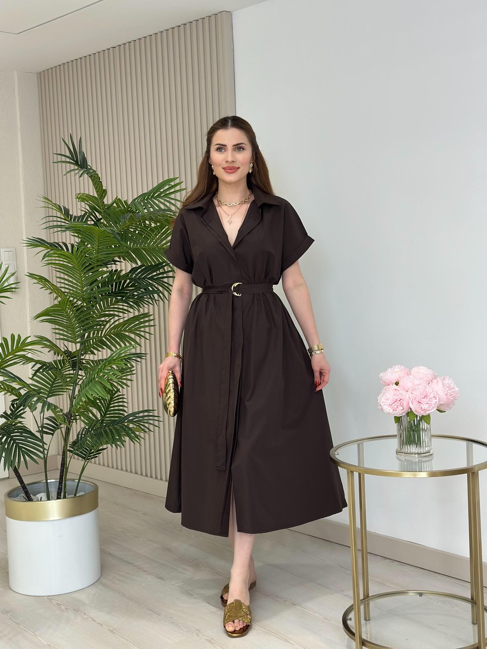 Poplin Kumaş Beli Lastikli Gömlek Elbise Kahve