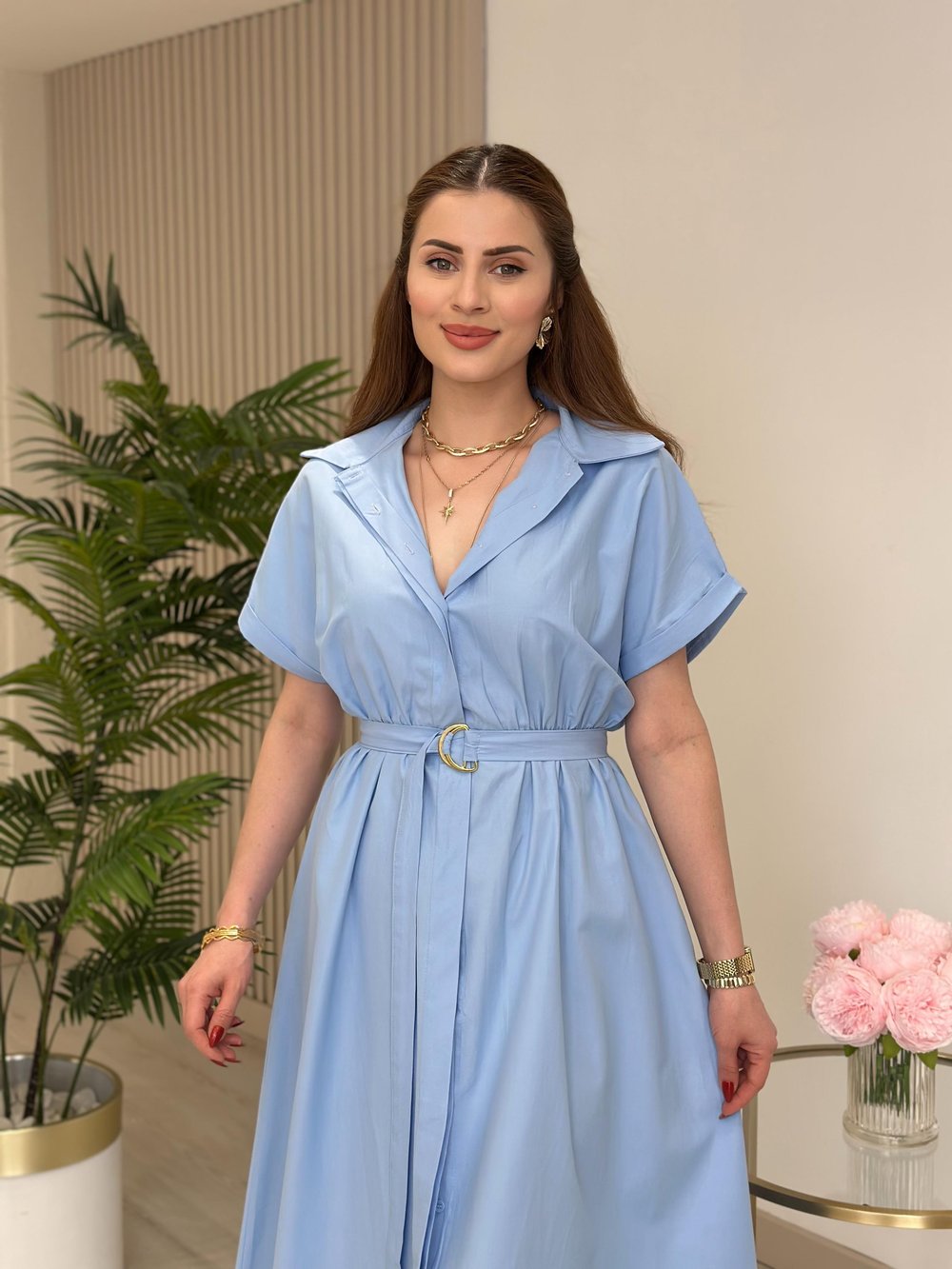 Poplin Kumaş Beli Lastikli Gömlek Elbise Bebe Mavi 