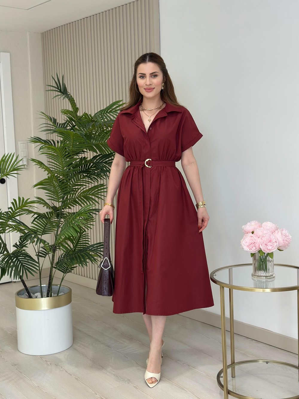 Poplin Kumaş Beli Lastikli Gömlek Elbise Bordo